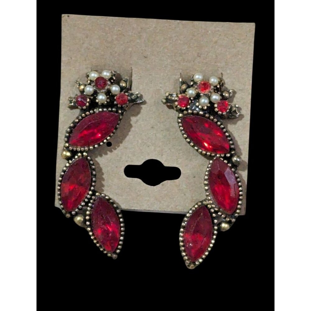 Vintage Dangle Clip-On Earrings Red Rhinestones & Faux‎ Pearls Estate Statement